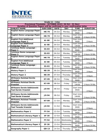 Provisional Intec Timetable High School Grade 11 - Oct 2010