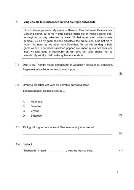 jaarlikse nasionale assessering graad 4 afrikaans huistaal stel