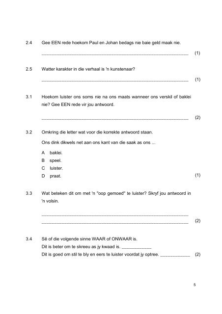 jaarlikse nasionale assessering graad 4 afrikaans huistaal stel