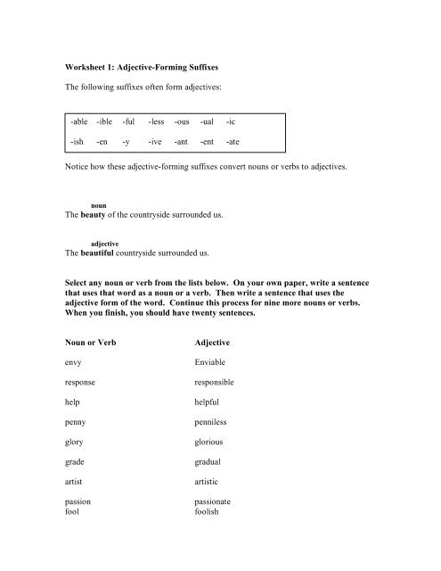 worksheet 1 adjective forming suffixes the following suffixes often