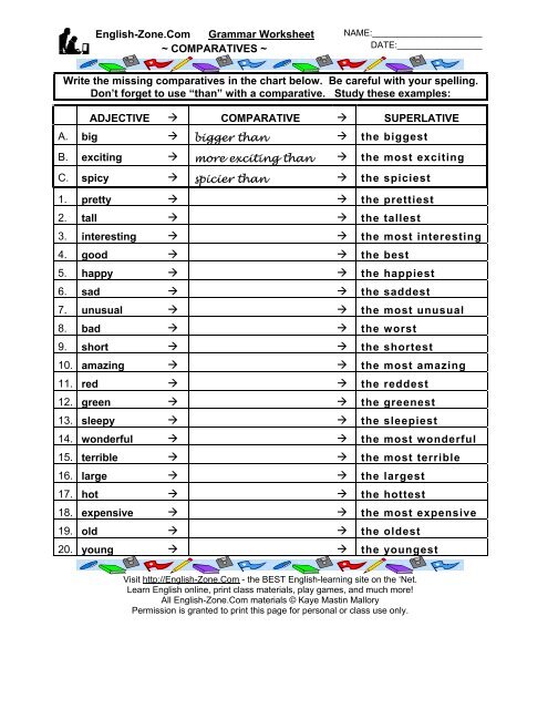 Write the missing adjectives, comparative or superlative words in the ...