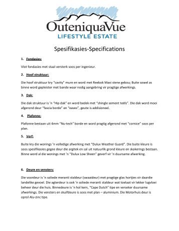 Spesifikasies-Specifications - Outeniqua Vue