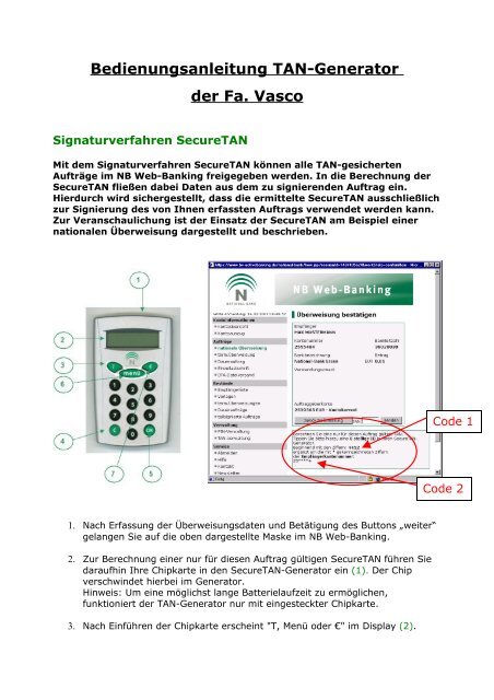 Bedienungsanleitung TAN-Generator - National-Bank AG