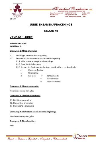 junie-eksamenafbakenings graad 10 vrydag 1 junie