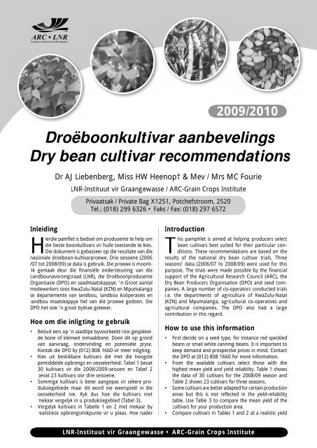 Droëboonkultivar aanbevelings Dry bean cultivar recommendations