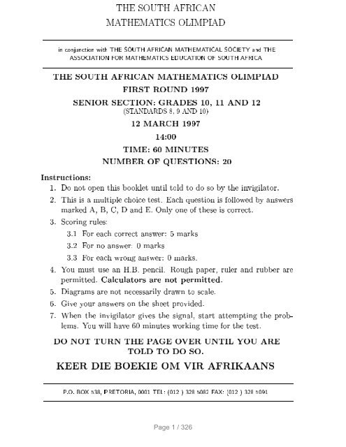 THE SOUTH AFRICAN MATHEMATICS OLIMPIAD in conjunction THE SOUTH AFRICAN MATHEMATICS OLIMPIAD in conjunction