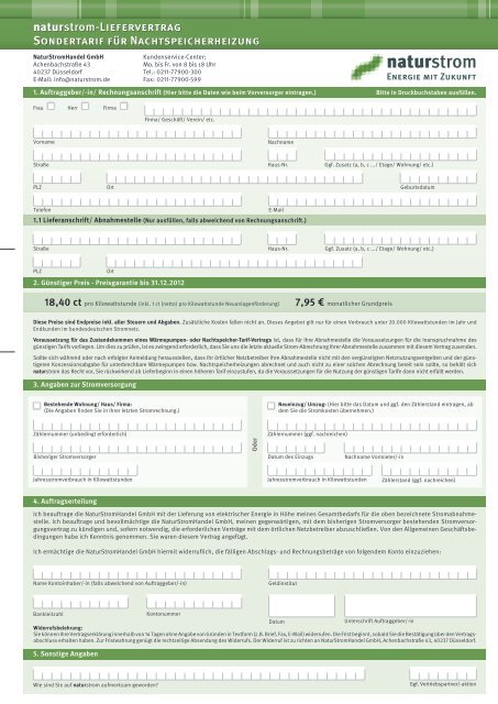 naturstrom-Liefervertrag Sondertarif für Nachtspeicherheizung