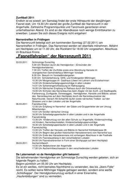 „Fasnetfahrplan“ der Narrenzunft 2011 - Narrenzunft Möhringen eV