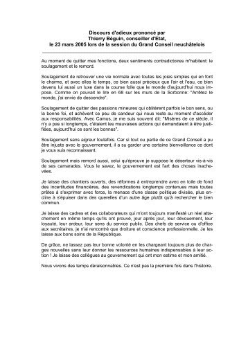 Discours d´adieux de Thierry Béguin au Grand Conseil (pdf/86Kb)