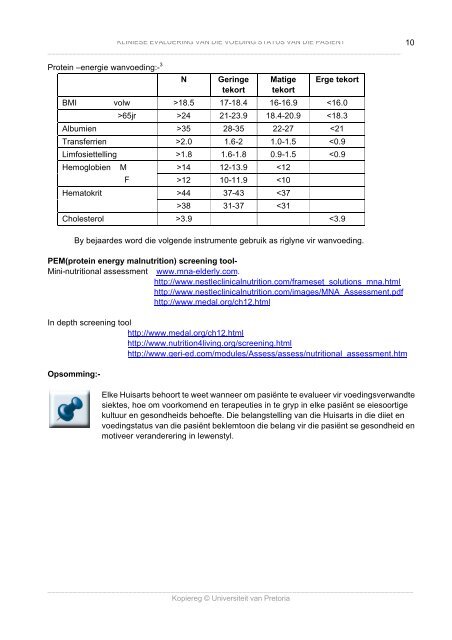 kliniese evaluering van die voeding status van die pasiënt