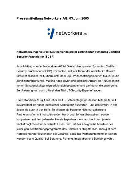 Pressemitteilung Networkers AG, 03.Juni 2005