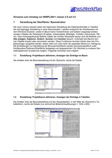 Hinweise zum Umstieg von WINPLAN++ classic 2.9 auf 3.0 1 ...