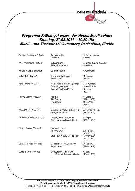 Programm Frühlingskonzert der Neuen Musikschule Sonntag, 27.03 ...