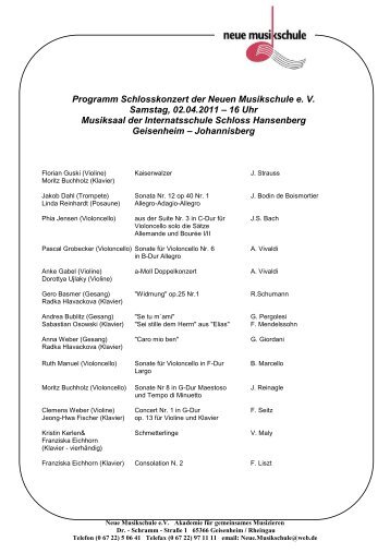 Programm Schlosskonzert der Neuen Musikschule e. V. Samstag ...