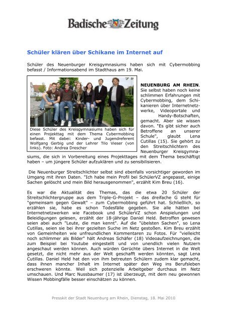 Dienstag, 18. Mai 2010 Pressespiegel der Stadt Neuenburg am Rhein