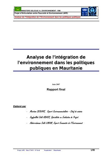 Analyse de l'intégration de l'environnement dans les politiques ...