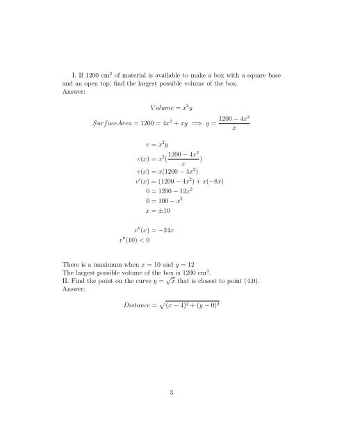 Math 220 March 7 I. If 1200 cm2 of material is available to make a ...