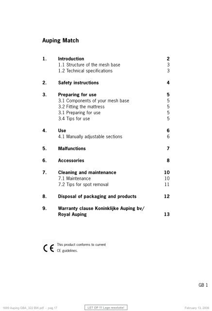 Type 322 Auping Match - Auping Service Manual