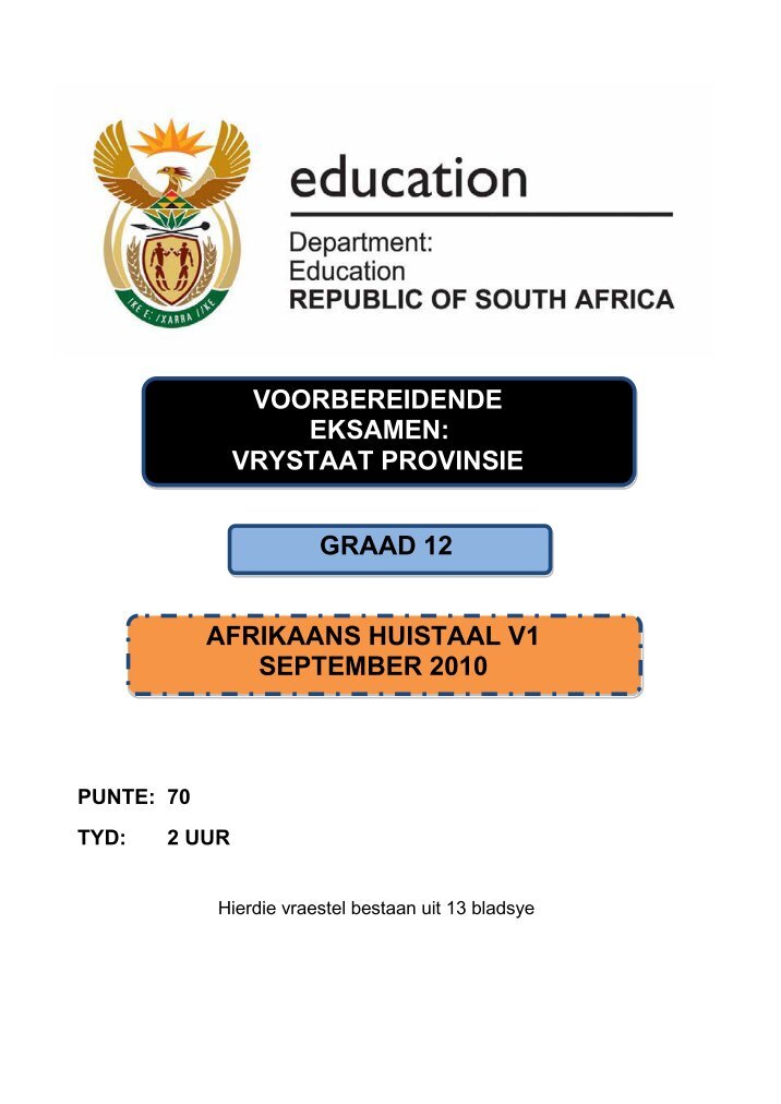 Gr 10 afrikaans huistaal vraestel 1 november 2006 curriculum