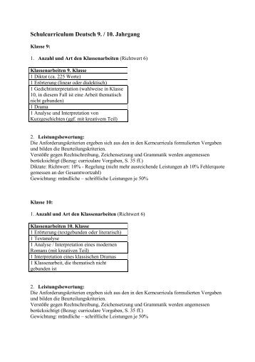 Schulcurriculum Deutsch 9. / 10. Jahrgang - NIG
