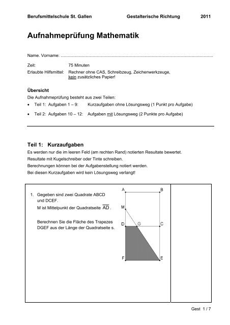 Aufnahmeprüfung Mathematik