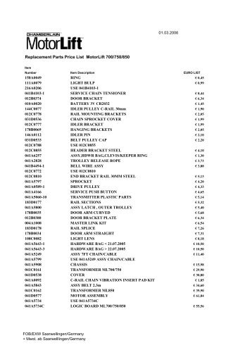 Replacement Parts Price List MotorLift 700/750/850 - Nothnagel