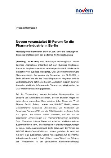 Novem veranstaltet BI-Forum für die Pharma-Industrie in Berlin ...