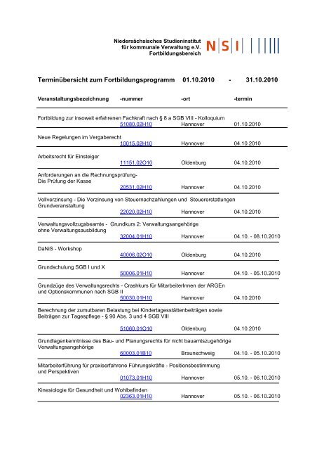 Terminübersicht zum Fortbildungsprogramm 01.10.2010 ... - NSI