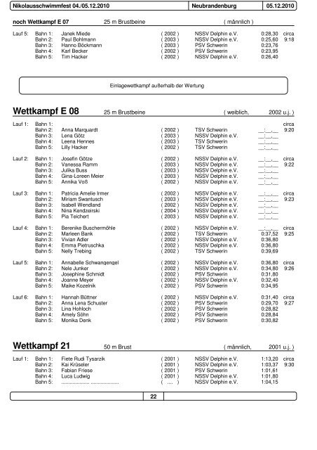 Wettkampf 1 Wettkampf 2 Wettkampf 3 - beim NSSV Delphin eV