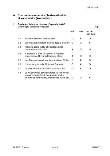 A Compréhension écrite (Textverständnis) et vocabulaire (Wortschatz)