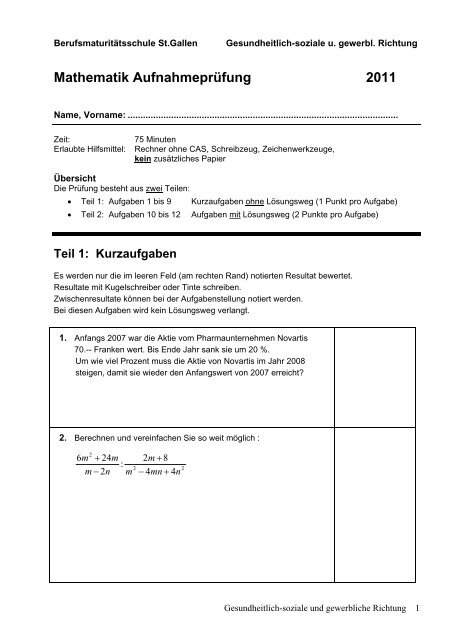 Mathematik Aufnahmeprüfung 2011