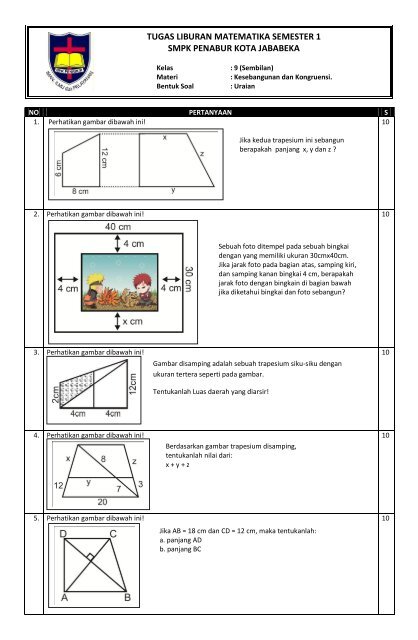 tugas liburan matematika semester 1 smpk penabur kota jababeka