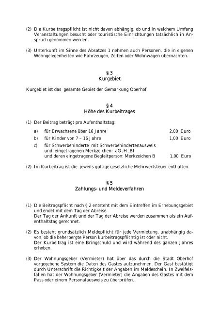 Satzung über die Erhebung eines Kurbeitrages in der Stadt Oberhof