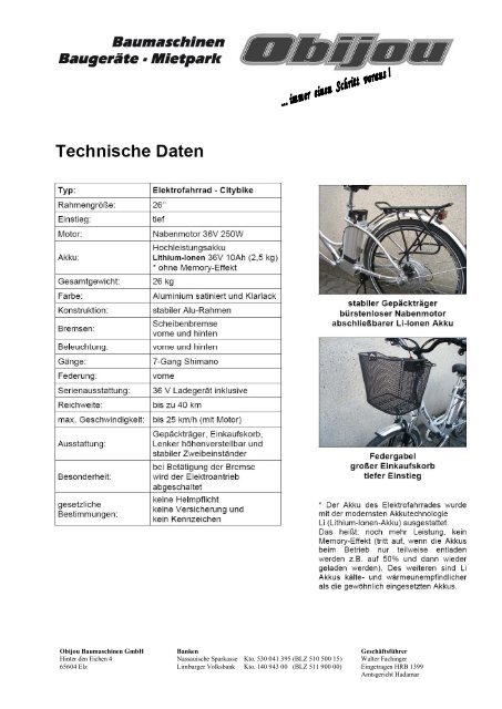 Elektrofahrrad / Citybike - Obijou Baumaschinen GmbH