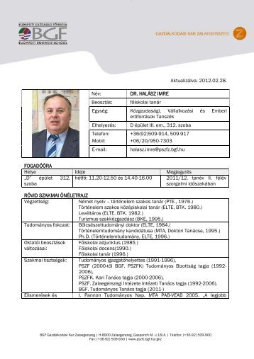 Dr. Halász Imre - Budapesti Gazdasági Főiskola Gazdálkodási Kar ...