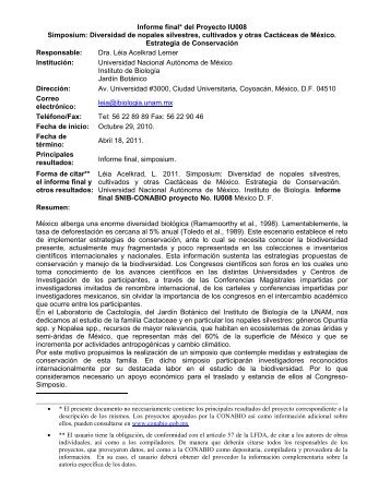 Informe final* del Proyecto IU008 Simposium: Diversidad ... - Conabio