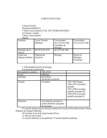 CURICULUM VITAE 1.Nume.PLOAE 2Prenume.MARIETA 3. Data si ...