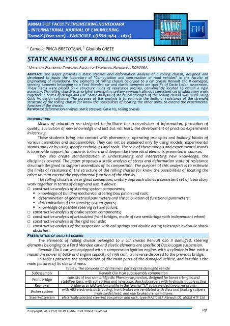 static analysis of a rolling chassis using catia v5 - Annals-Journal of ...