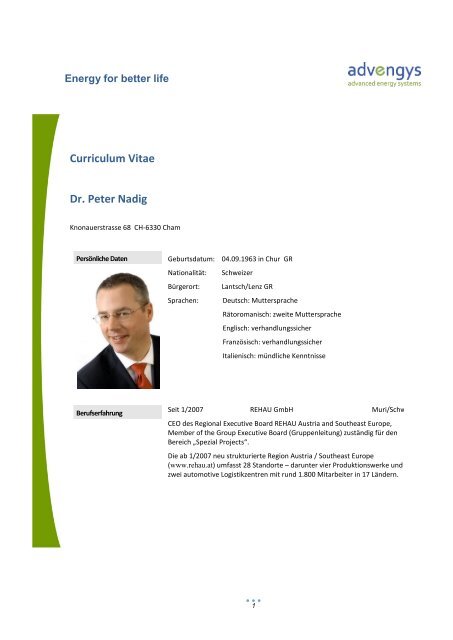 Curriculum Vitae Dr. Peter Nadig Advengys