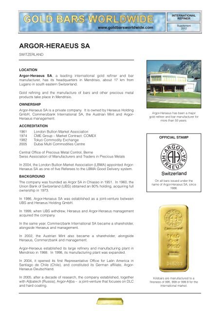 ARGOR-HERAEUS SA - Gold Bars Worldwide