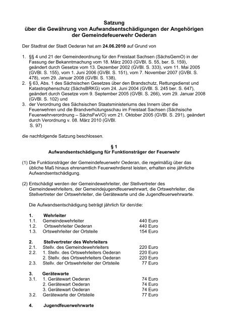 Entschädigungssatzung Feuerwehr - Stadt Oederan