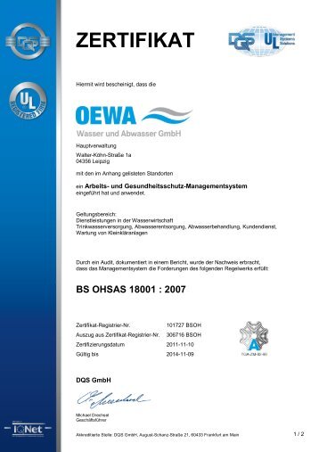Zertifikat: Arbeits- und Gesundheitsschutz - OEWA Wasser ...