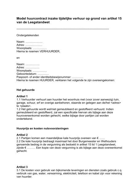 Model huurcontract inzake tijdelijke verhuur op grond van artikel 15