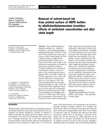 Removal of solvent-based ink from printed surface of HDPE bottles ...