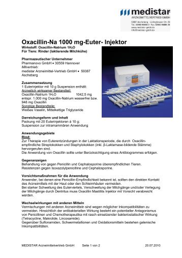 Oxacillin-Na 1000 mg-Euter- Injektor - MEDISTAR ...