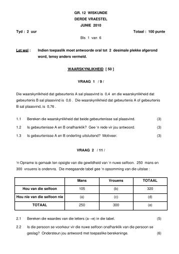 GR. 12 WISKUNDE DERDE VRAESTEL JUNIE 2010 Tyd ... - AdMaths