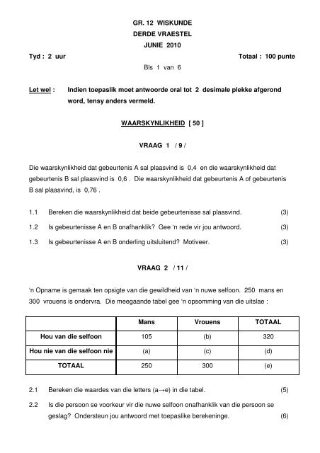 GR. 12 WISKUNDE DERDE VRAESTEL JUNIE 2010 Tyd ... - AdMaths