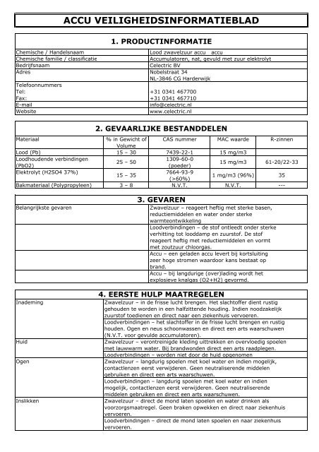 Veiligheidsinformatieblad accu's - Celectric