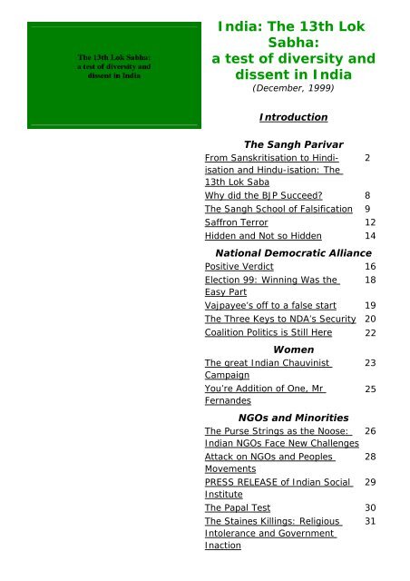 DAGA Dossier: India: The 13th Lok Sabha: a test of diversity and ...