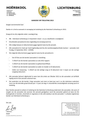 Toelatatings2013 aansoekvorm_afrikaans.pdf - Hoërskool Lichtenburg
